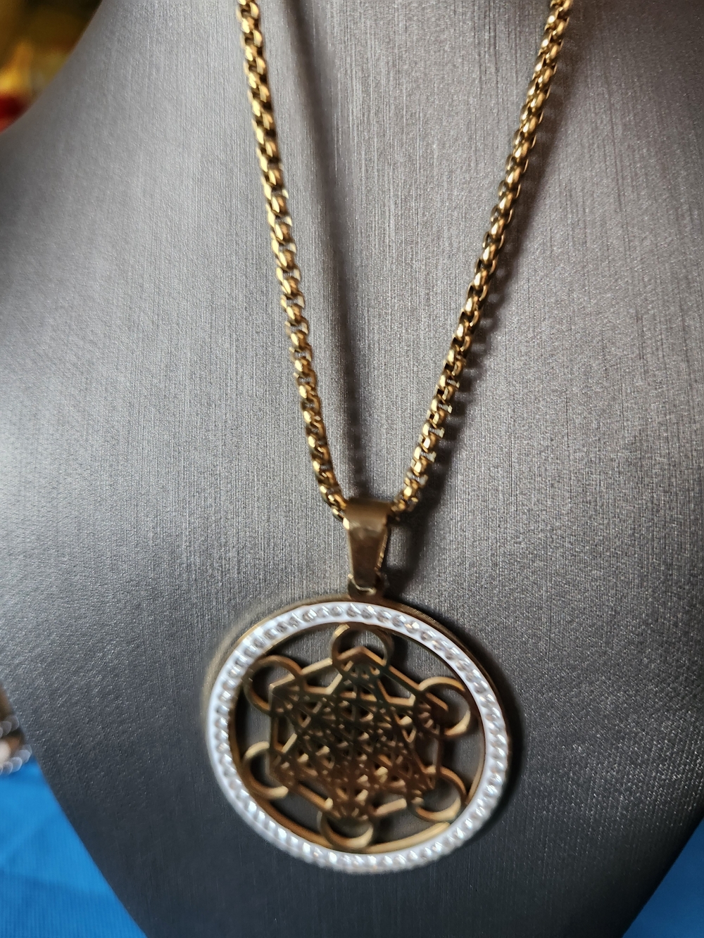 Gold-Tone Geometric Medallion Pendant Necklace - Women Jewelry- Stainless Steel